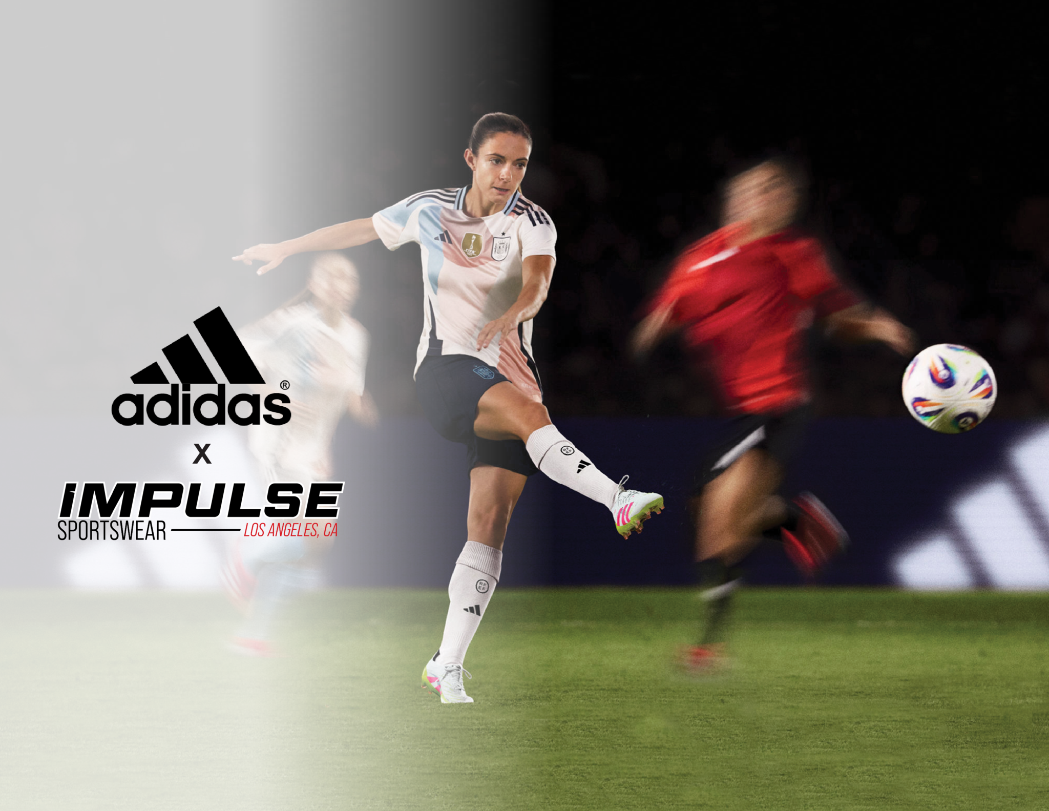 Woman in an Adidas Soccer Kit kicking a soccer ball