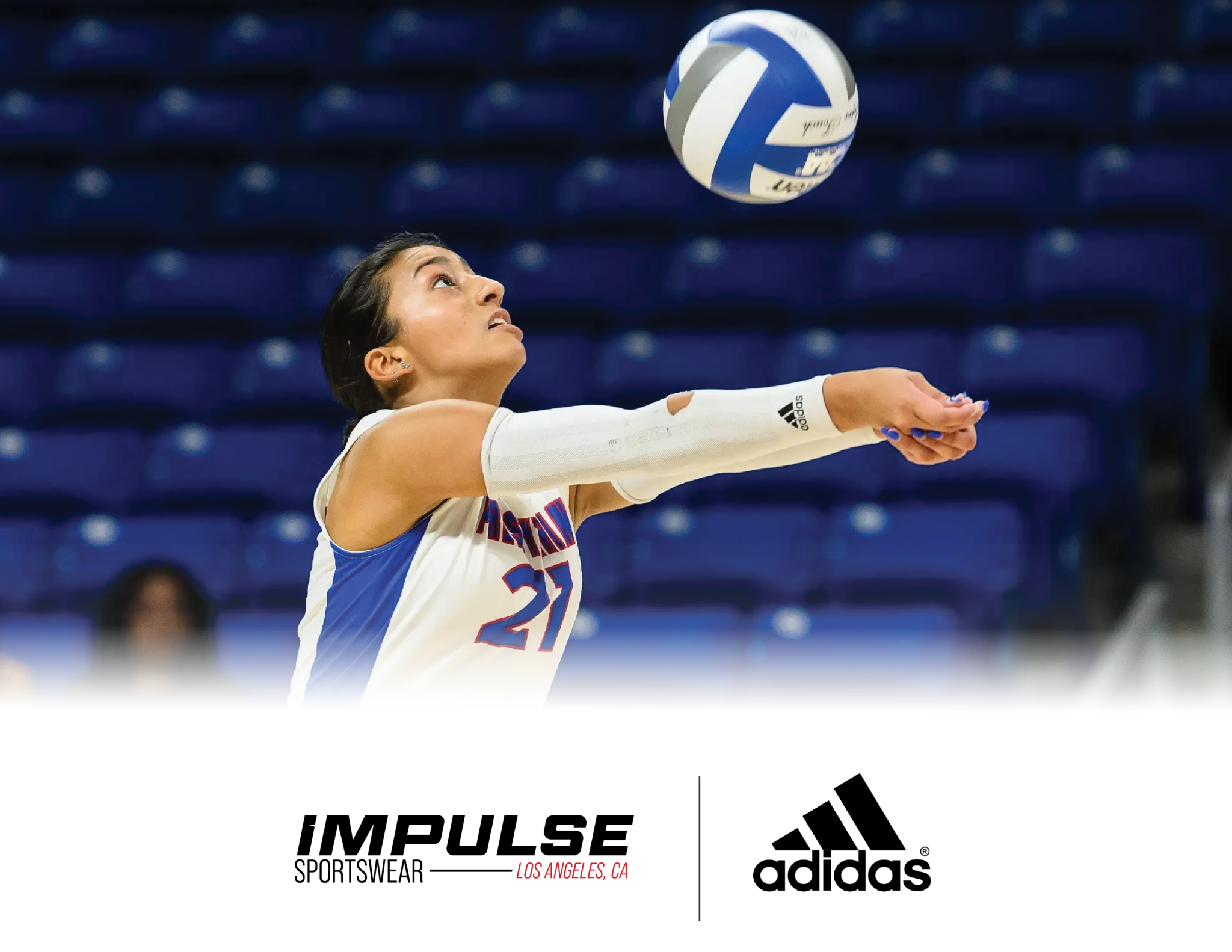 Girl wearing adidas jerseys and adidas arm sleeves, setting a volleyball